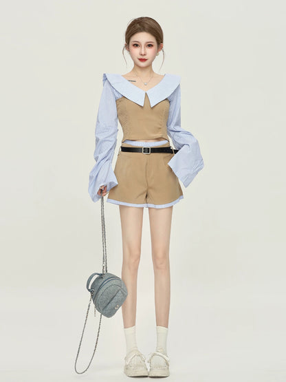 Little P clothing station French temperament splicing striped long-sleeved shirt women's spring and autumn high waist slim suit shorts two-piece suit