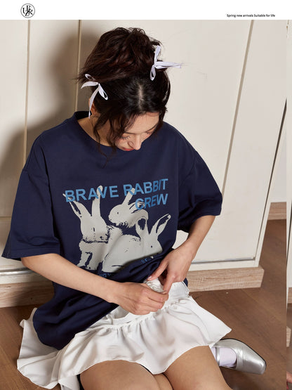 Beikastudios navy blue short-sleeved T-shirt for women retro rabbit print loose cotton casual round neck half-sleeved T-shirt