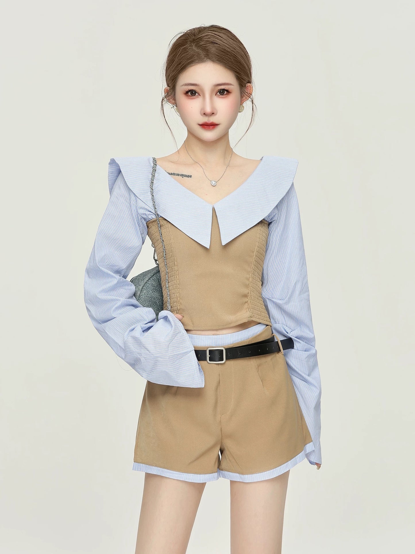 Little P clothing station French temperament splicing striped long-sleeved shirt women's spring and autumn high waist slim suit shorts two-piece suit