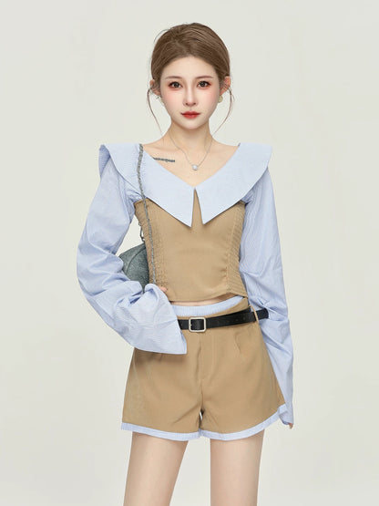 Little P clothing station French temperament splicing striped long-sleeved shirt women's spring and autumn high waist slim suit shorts two-piece suit