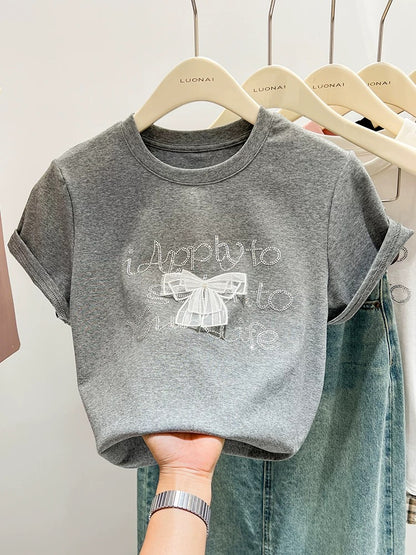 Pink bow hot diamond right shoulder short-sleeved T-shirt for women slim summer American retro unique short-sleeved top