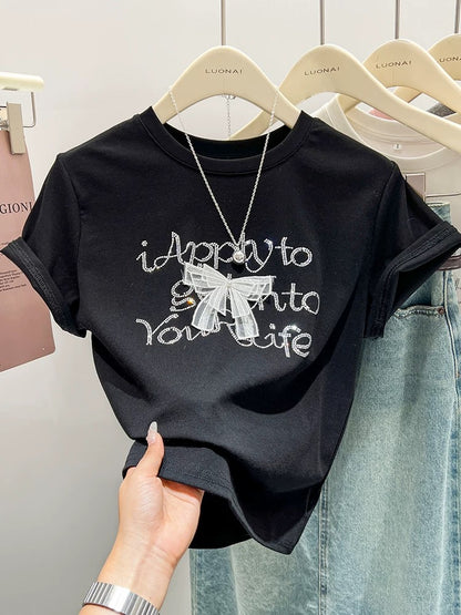 Pink bow hot diamond right shoulder short-sleeved T-shirt for women slim summer American retro unique short-sleeved top