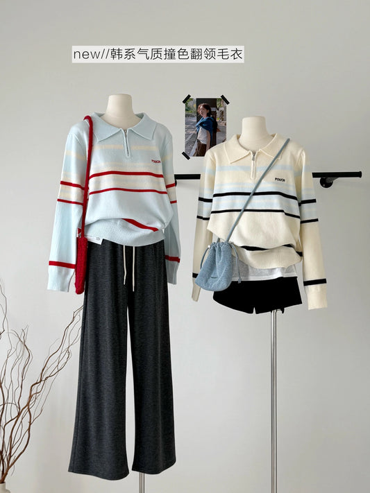 RENA's Radiant White Korean Style Minimalist Color-Blocked Soft and Comfortable 2025 Autumn Polo Collar Striped Knit Sweater