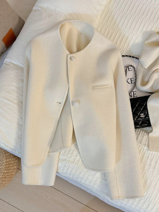 Beige French style cashmere double-faced wool coat for women 2025 autumn and winter new style super beautiful and stylish short coat