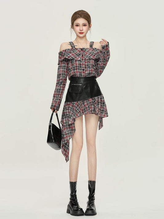 Xiao P Clothing Station American Retro Suspender Plaid Suit Women's Off-the-shoulder Top High Waist Irregular Skirt Two-piece Suit
