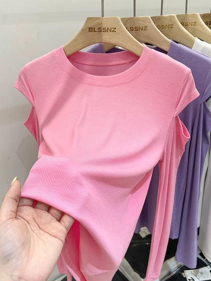 Long-sleeved t-shirt for women, new spring style, pure desire pink hollow off-shoulder design top, bottoming shirt for women