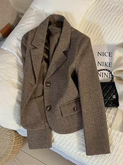 2025 autumn and winter new light brown Korean style woolen short suit jacket for women petite formal suit