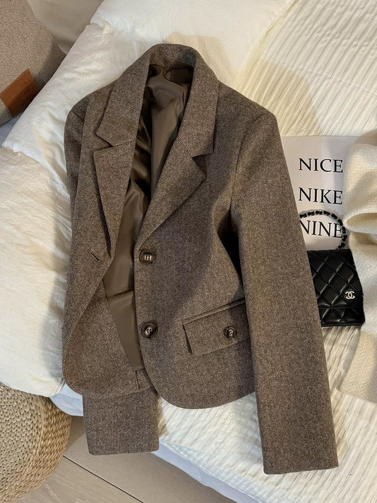 2025 autumn and winter new light brown Korean style woolen short suit jacket for women petite formal suit