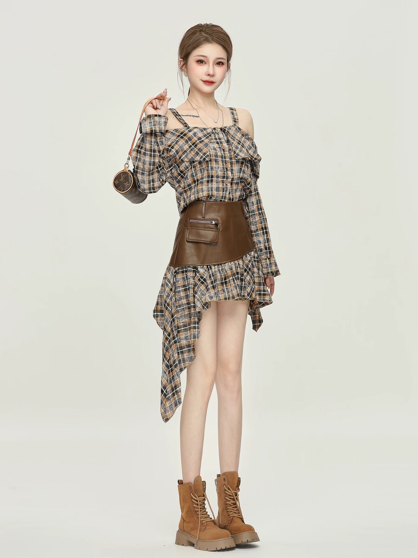 Xiao P Clothing Station American Retro Suspender Plaid Suit Women's Off-the-shoulder Top High Waist Irregular Skirt Two-piece Suit