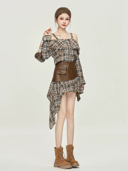 Xiao P Clothing Station American Retro Suspender Plaid Suit Women's Off-the-shoulder Top High Waist Irregular Skirt Two-piece Suit