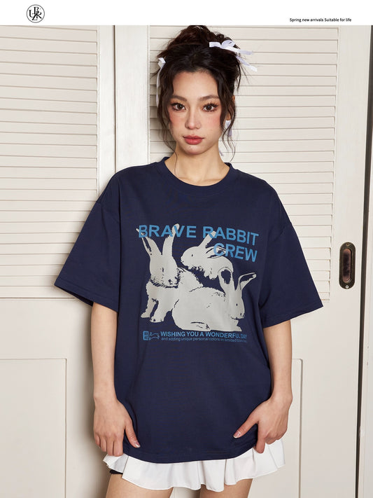 Beikastudios navy blue short-sleeved T-shirt for women retro rabbit print loose cotton casual round neck half-sleeved T-shirt