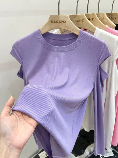 Long-sleeved t-shirt for women, new spring style, pure desire pink hollow off-shoulder design top, bottoming shirt for women