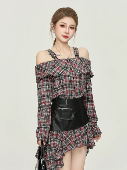 Xiao P Clothing Station American Retro Suspender Plaid Suit Women's Off-the-shoulder Top High Waist Irregular Skirt Two-piece Suit