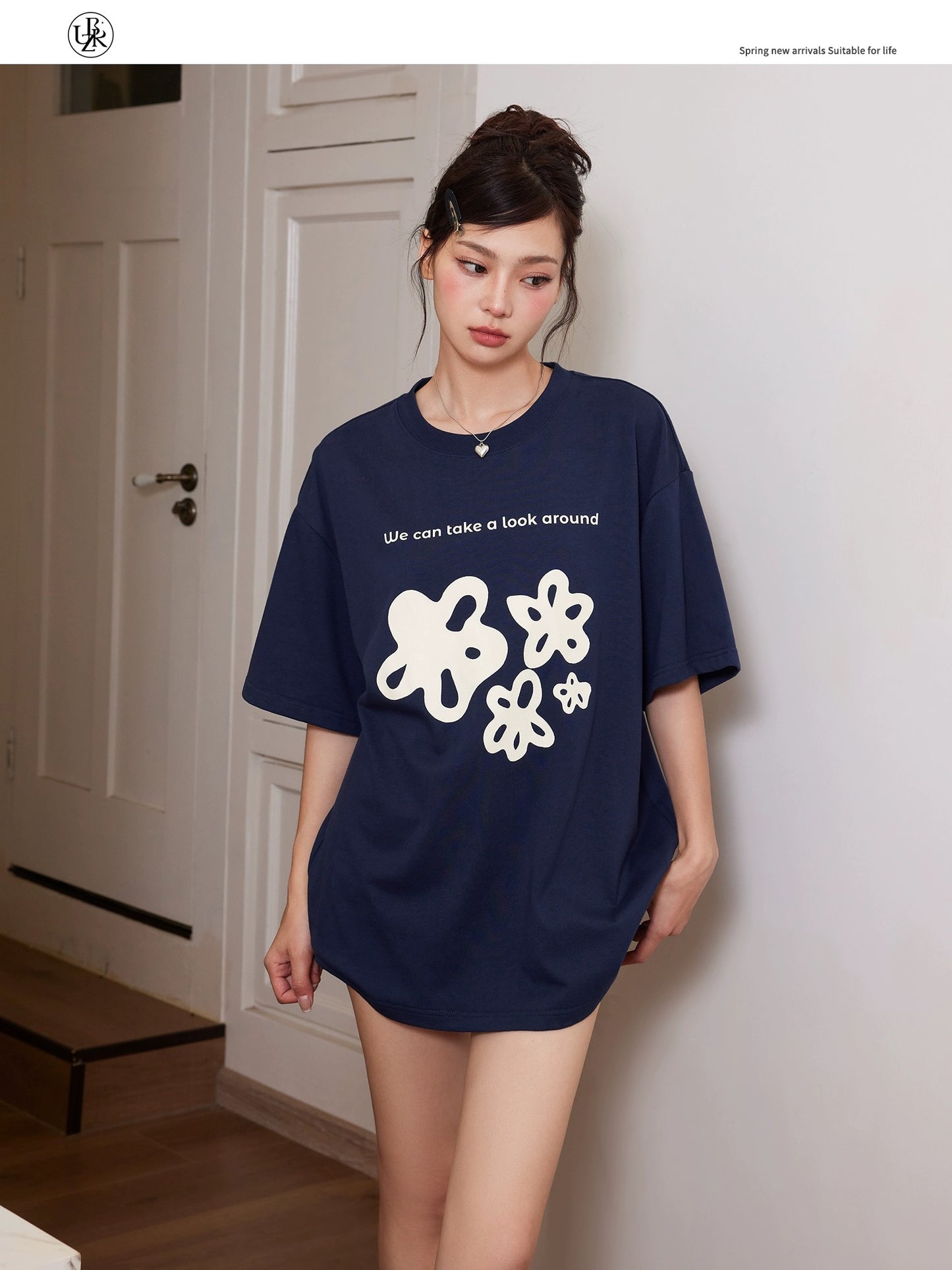 Beikastudios navy short-sleeved T-shirt women's summer new flower print heavy 260G pure cotton loose tee