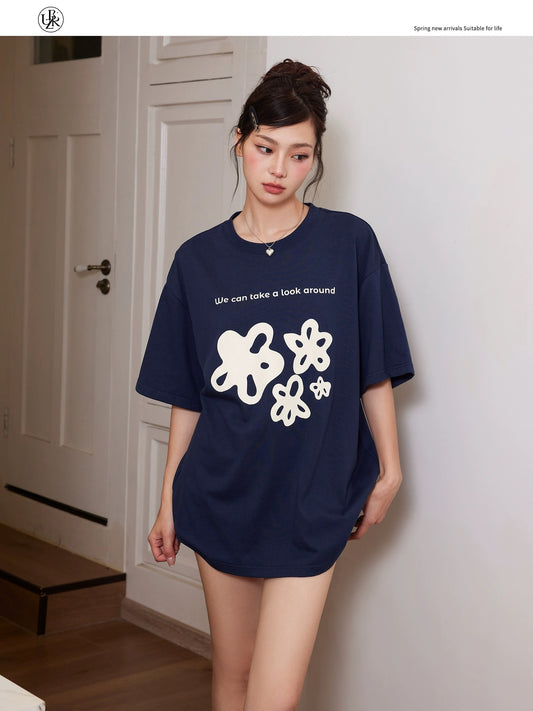 Beikastudios navy short-sleeved T-shirt women's summer new flower print heavy 260G pure cotton loose tee