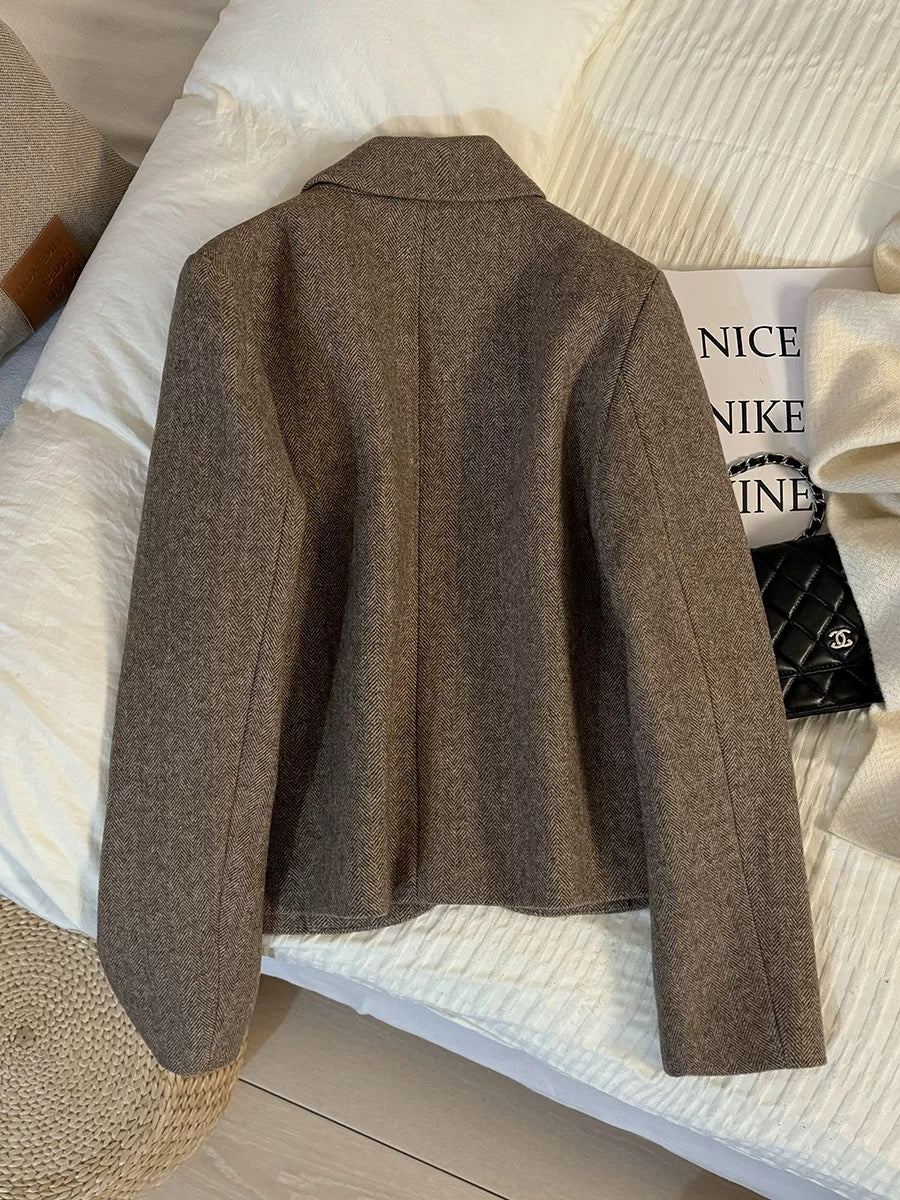 2025 autumn and winter new light brown Korean style woolen short suit jacket for women petite formal suit