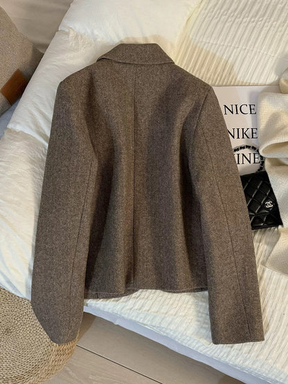 2025 autumn and winter new light brown Korean style woolen short suit jacket for women petite formal suit