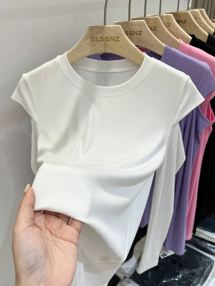 Long-sleeved t-shirt for women, new spring style, pure desire pink hollow off-shoulder design top, bottoming shirt for women