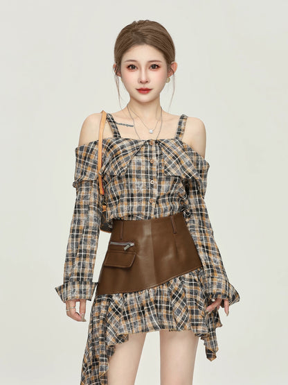 Xiao P Clothing Station American Retro Suspender Plaid Suit Women's Off-the-shoulder Top High Waist Irregular Skirt Two-piece Suit