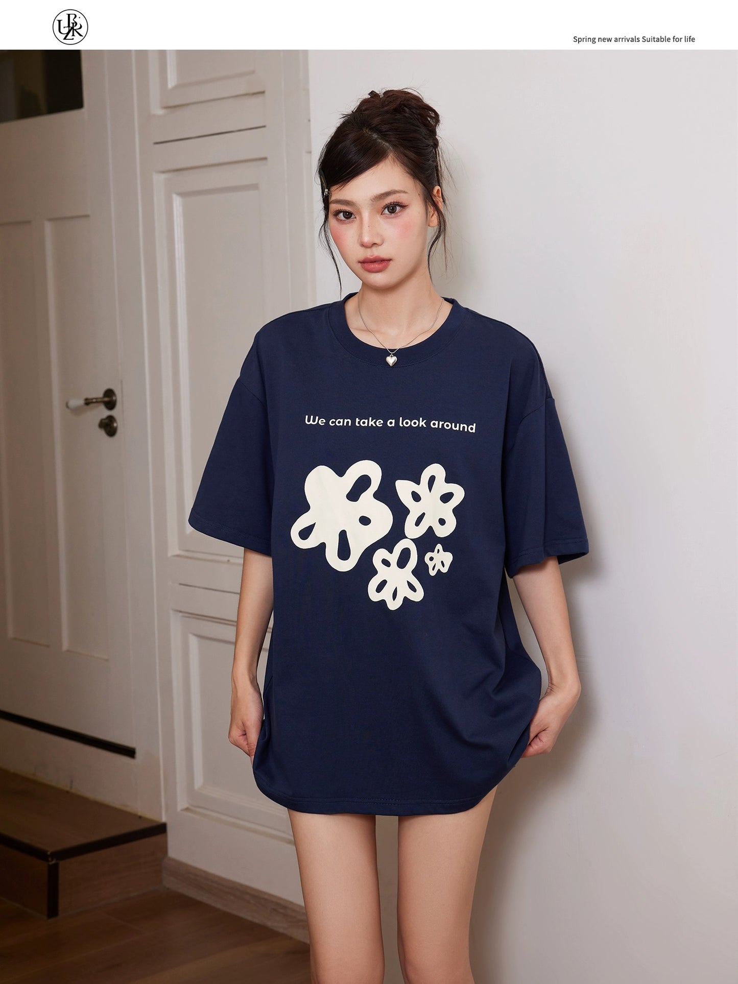 Beikastudios navy short-sleeved T-shirt women's summer new flower print heavy 260G pure cotton loose tee