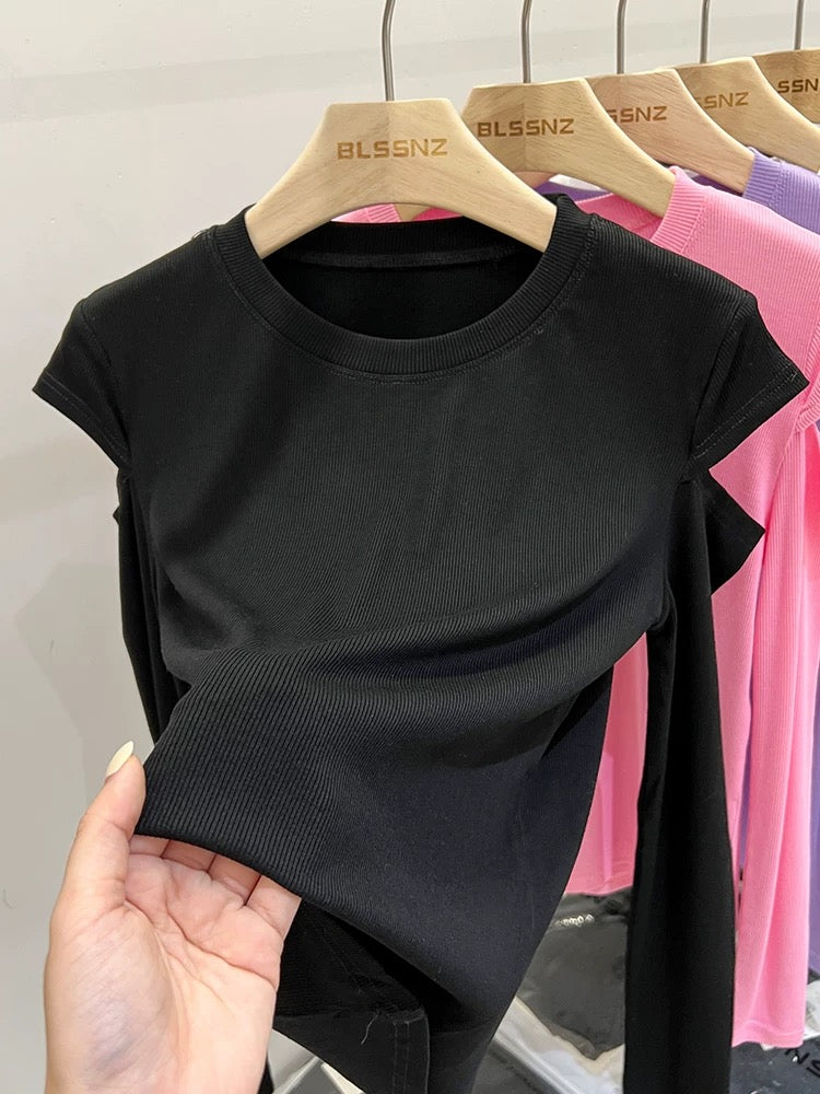 Long-sleeved t-shirt for women, new spring style, pure desire pink hollow off-shoulder design top, bottoming shirt for women