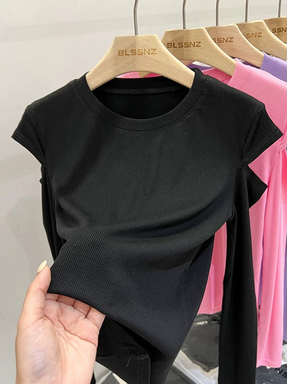 Long-sleeved t-shirt for women, new spring style, pure desire pink hollow off-shoulder design top, bottoming shirt for women
