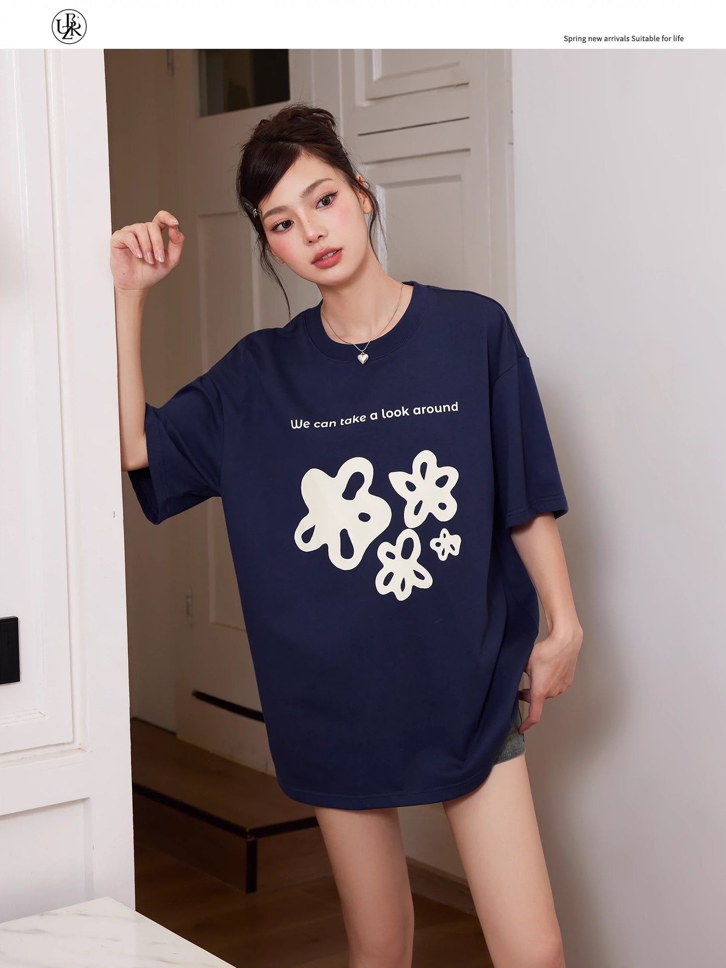 Beikastudios navy short-sleeved T-shirt women's summer new flower print heavy 260G pure cotton loose tee