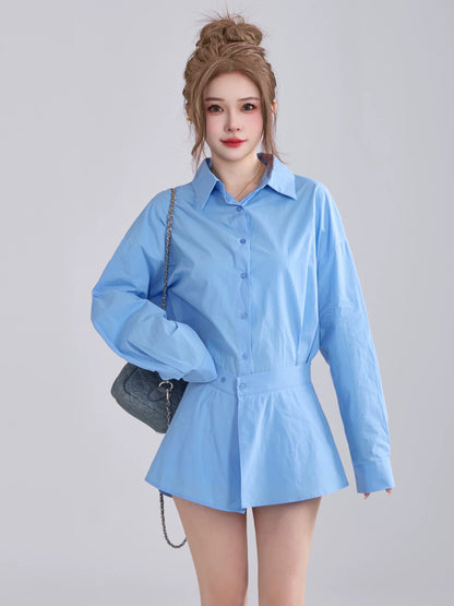 XiaoP Clothing Station Korean Spring and Summer Polo Collar Shirt Mid-Length Striped Dress Waist Apron Two-piece Set