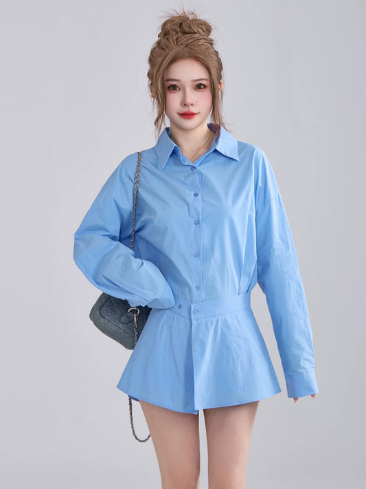 XiaoP Clothing Station Korean Spring and Summer Polo Collar Shirt Mid-Length Striped Dress Waist Apron Two-piece Set