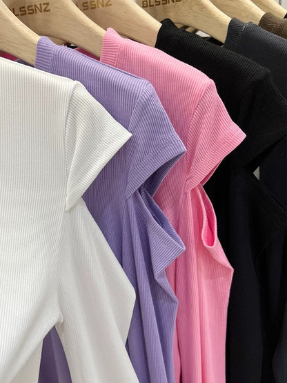 Long-sleeved t-shirt for women, new spring style, pure desire pink hollow off-shoulder design top, bottoming shirt for women