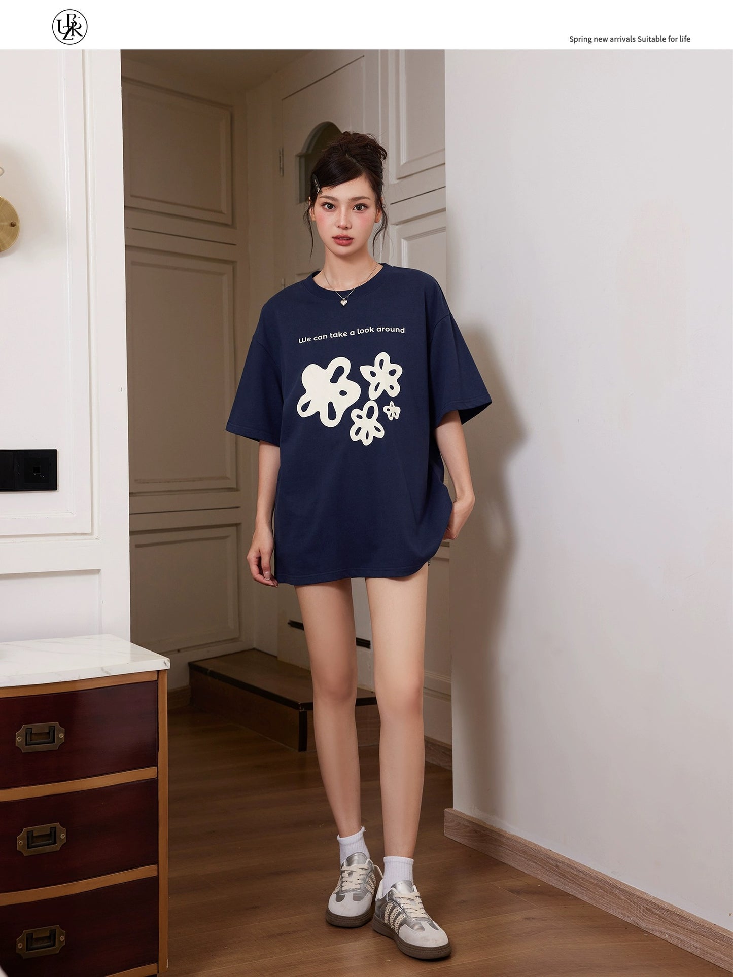 Beikastudios navy short-sleeved T-shirt women's summer new flower print heavy 260G pure cotton loose tee