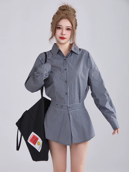 XiaoP Clothing Station Korean Spring and Summer Polo Collar Shirt Mid-Length Striped Dress Waist Apron Two-piece Set