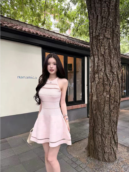 Qiauuu's youthful and captivating beauty, Bal* special pink heiress sweet hollowed-out mesh halter neck knit dress for women.