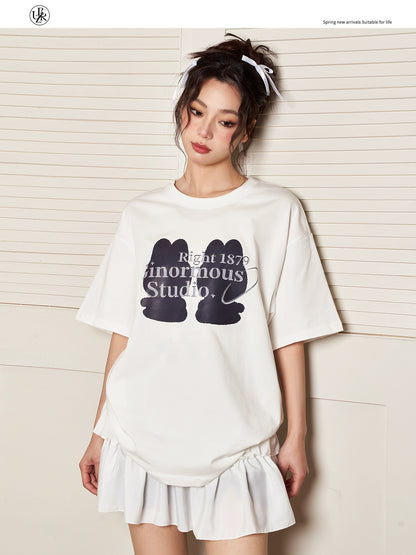 Beikastudios white T-shirt women's short-sleeved summer loose retro doll print casual round neck pure cotton half-sleeved t