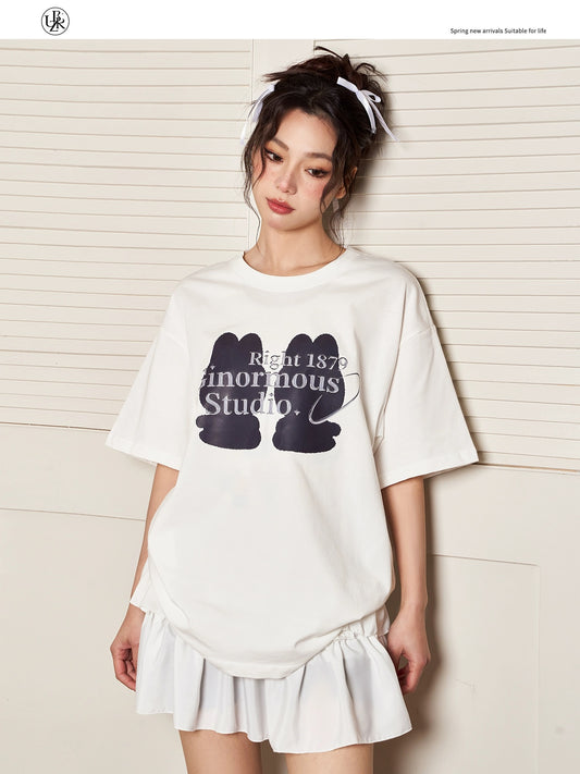 Beikastudios white T-shirt women's short-sleeved summer loose retro doll print casual round neck pure cotton half-sleeved t