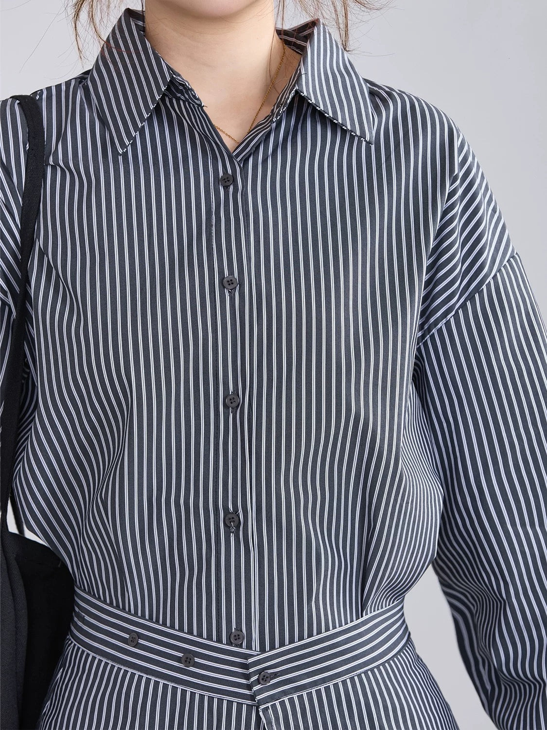 XiaoP Clothing Station Korean Spring and Summer Polo Collar Shirt Mid-Length Striped Dress Waist Apron Two-piece Set