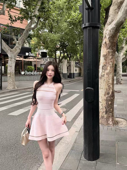 Qiauuu's youthful and captivating beauty, Bal* special pink heiress sweet hollowed-out mesh halter neck knit dress for women.