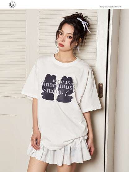 Beikastudios white T-shirt women's short-sleeved summer loose retro doll print casual round neck pure cotton half-sleeved t
