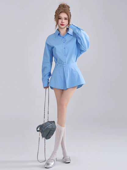 XiaoP Clothing Station Korean Spring and Summer Polo Collar Shirt Mid-Length Striped Dress Waist Apron Two-piece Set
