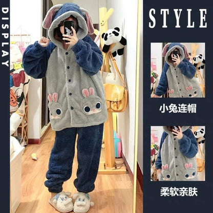Cute bunny hooded pajamas for women, fleece-lined and thickened, new winter style for 2025, plus size, warm plush loungewear set.