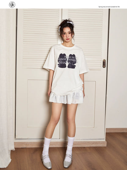 Beikastudios white T-shirt women's short-sleeved summer loose retro doll print casual round neck pure cotton half-sleeved t