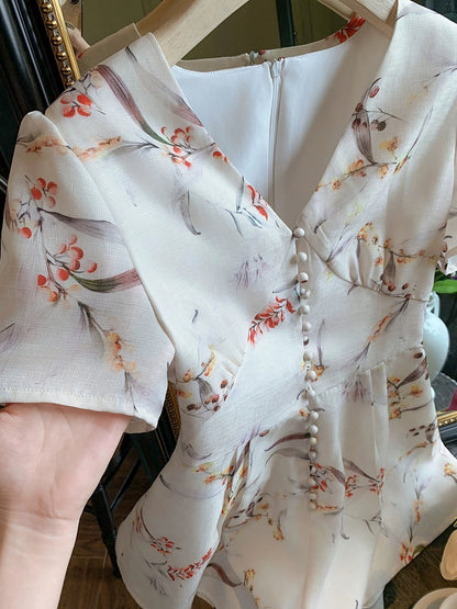 Fish Rabbit's Rabbit High-End Printed Chiffon Jumpsuit Women's 2024 Summer New Style Waist Slimming Jumpsuit