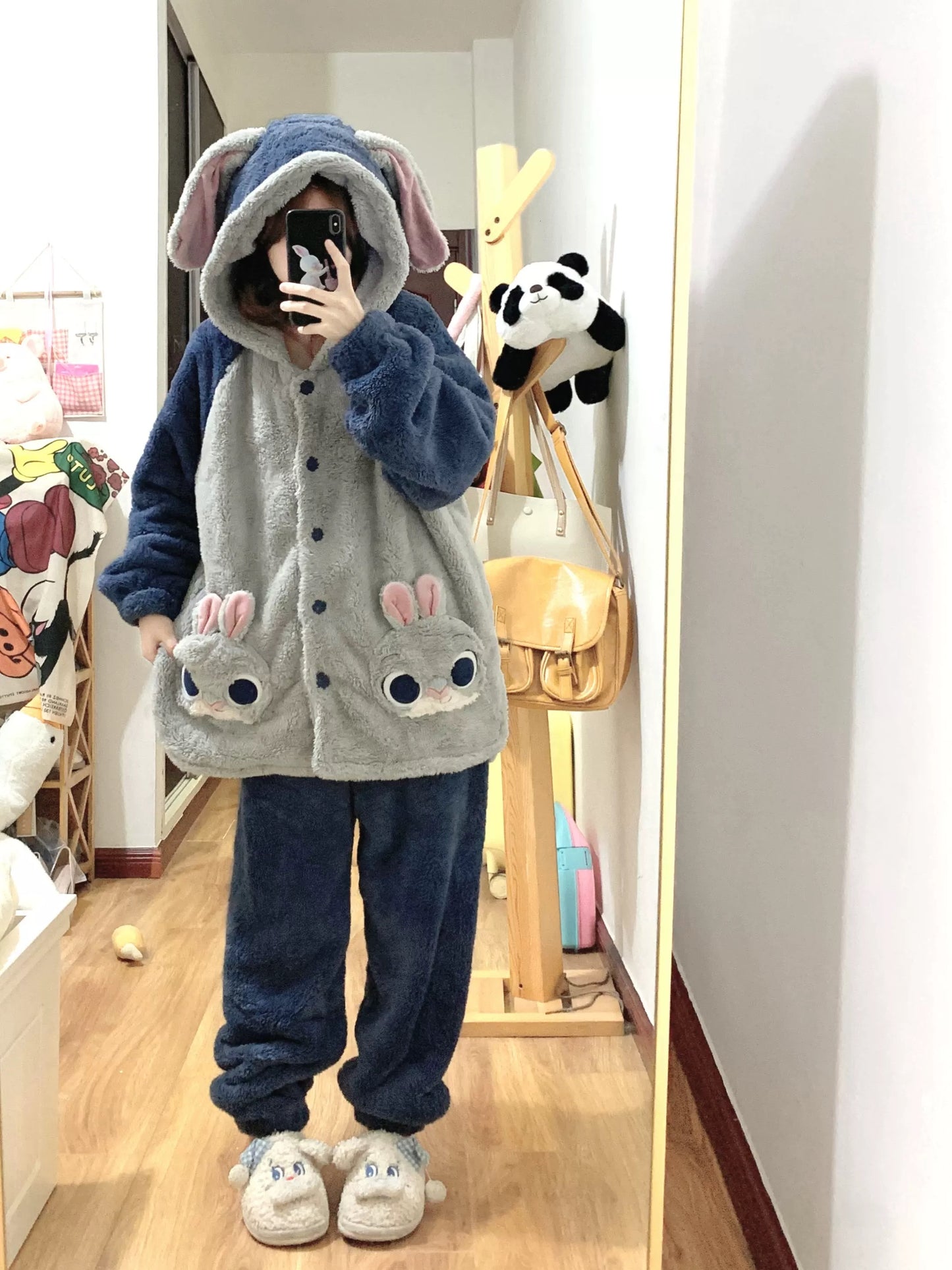 Cute bunny hooded pajamas for women, fleece-lined and thickened, new winter style for 2025, plus size, warm plush loungewear set.