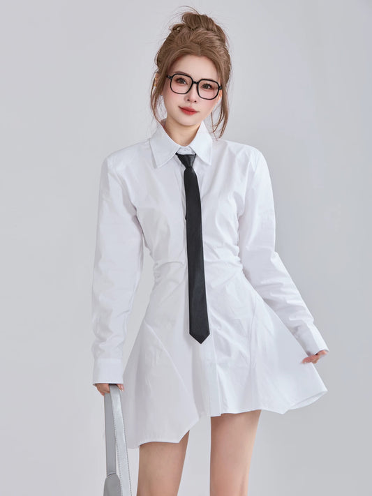 XiaoP Clothing Station Spring Korean College Style Age-reducing Polo Collar Tie Long Sleeve Waist Irregular Shirt Dress