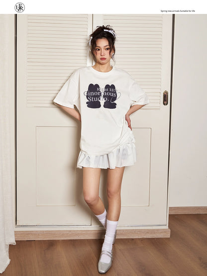 Beikastudios white T-shirt women's short-sleeved summer loose retro doll print casual round neck pure cotton half-sleeved t