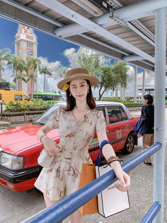 Fish Rabbit's Rabbit High-End Printed Chiffon Jumpsuit Women's 2024 Summer New Style Waist Slimming Jumpsuit