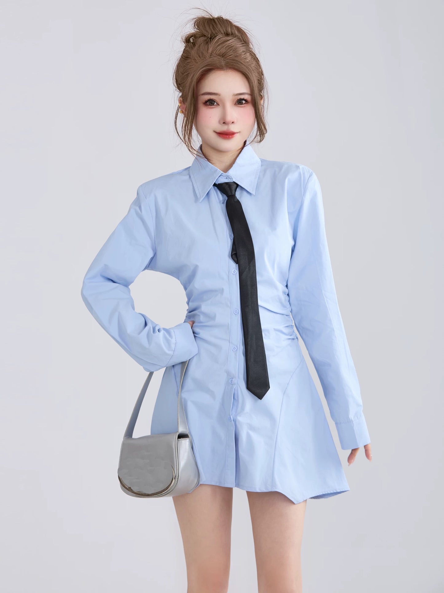 XiaoP Clothing Station Spring Korean College Style Age-reducing Polo Collar Tie Long Sleeve Waist Irregular Shirt Dress