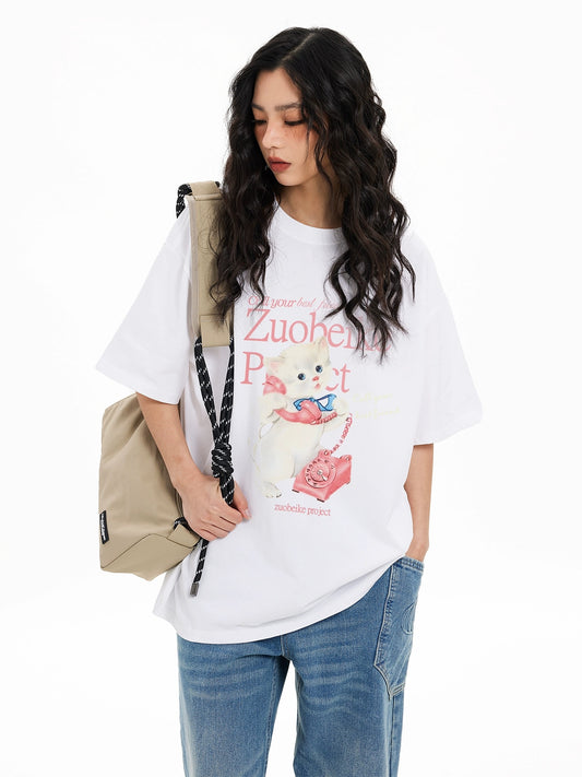 Zobeka trendy dark gray short-sleeved T-shirt for women summer new American retro cat print loose cotton version tee