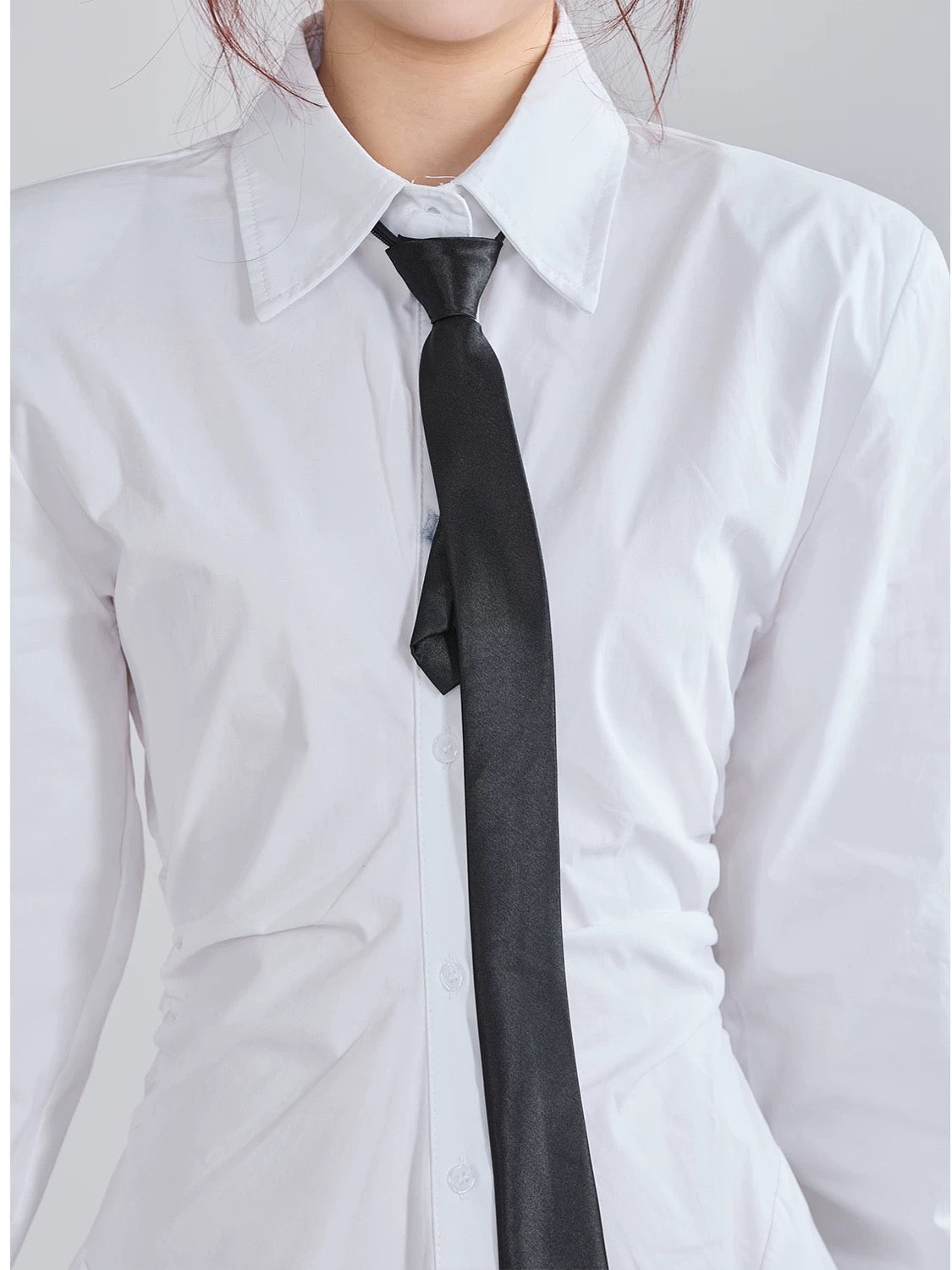 XiaoP Clothing Station Spring Korean College Style Age-reducing Polo Collar Tie Long Sleeve Waist Irregular Shirt Dress