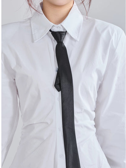 XiaoP Clothing Station Spring Korean College Style Age-reducing Polo Collar Tie Long Sleeve Waist Irregular Shirt Dress